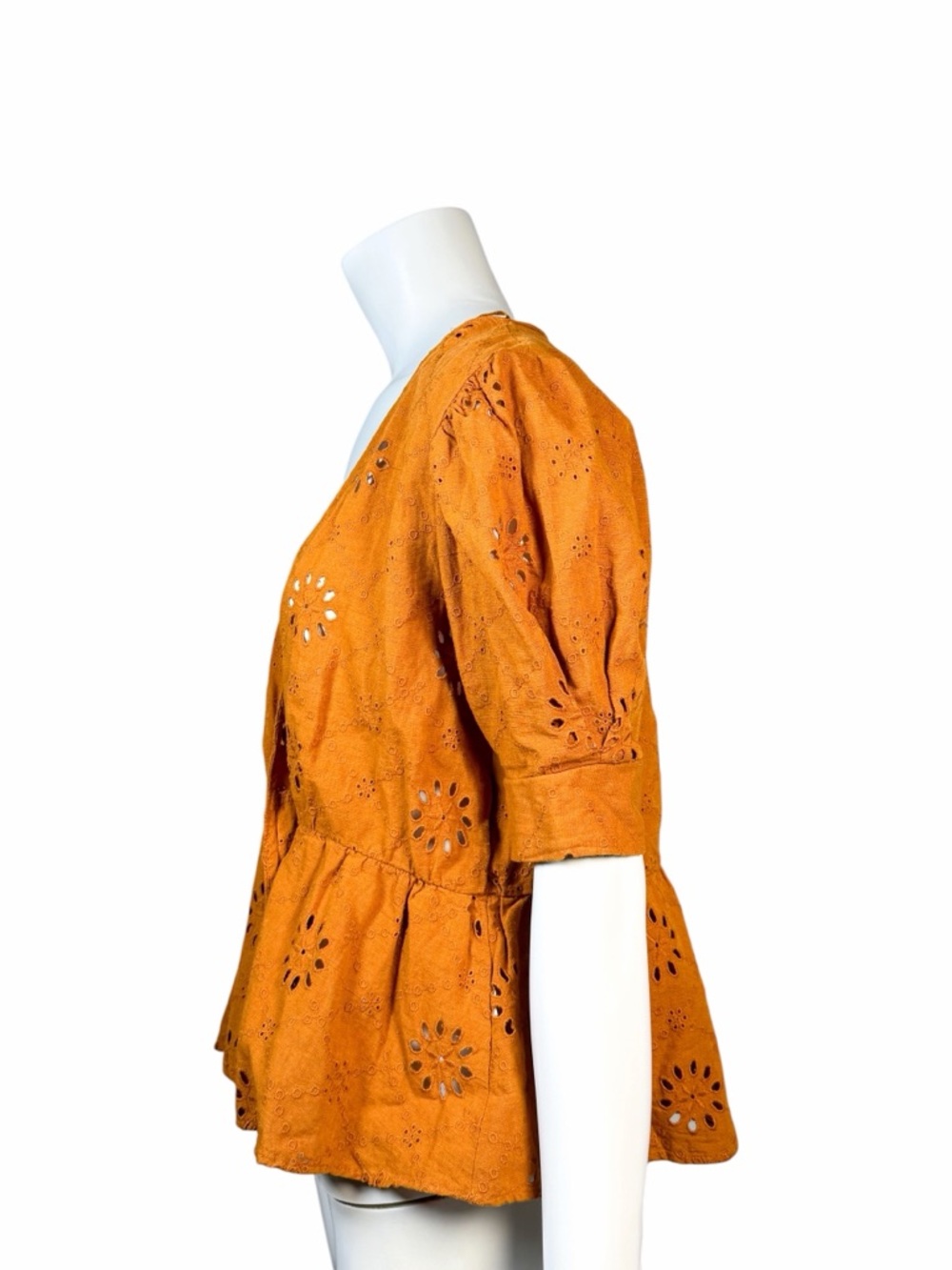 Zara Eyelet Peplum Blouse Mustard Puff Sleeve Wrap Top Medium - Picture 5 of 6